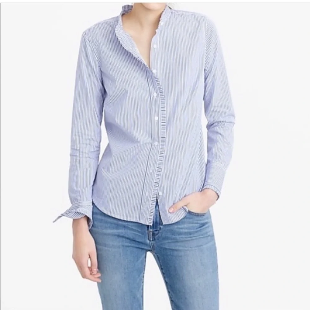 J. CREW Blue & White Striped Ruffle Blouse